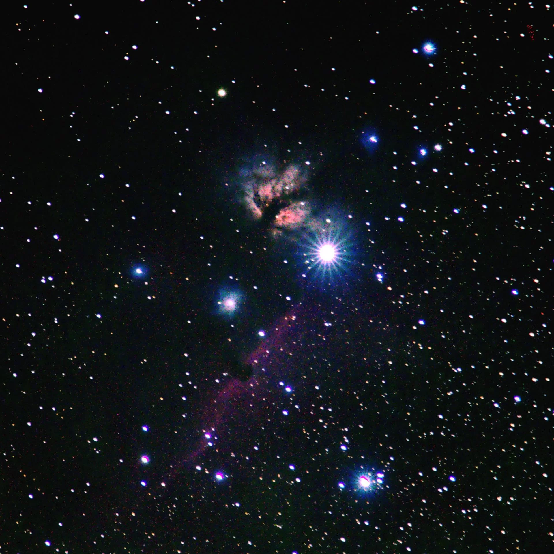 Figure 4 | The Horsehead (Barnard 33) & Flame (NGC 2024) Nebulae. Photographed on 3/13/2021 from Flanders, NJ, using a Canon EOS RP with a Sigma EX DG OS 70-200mm f/2.8 lens and a 2x Sigma APO Teleconverter at f/8, and ISO 1600 on a Sky-Watcher Star Adventurer 2i Pro tracking at sidereal rate. The rig was used in full-frame mode for a total raw focal length of 400mm. 32x88s images were integrated within Sequator for a total of 47m of data; the output TIFF was then stretched in Adobe Photoshop CC v. 22.1.1 using the Astronomy Tools Action Set (v. 1.6.2 from ProDigital Software). 