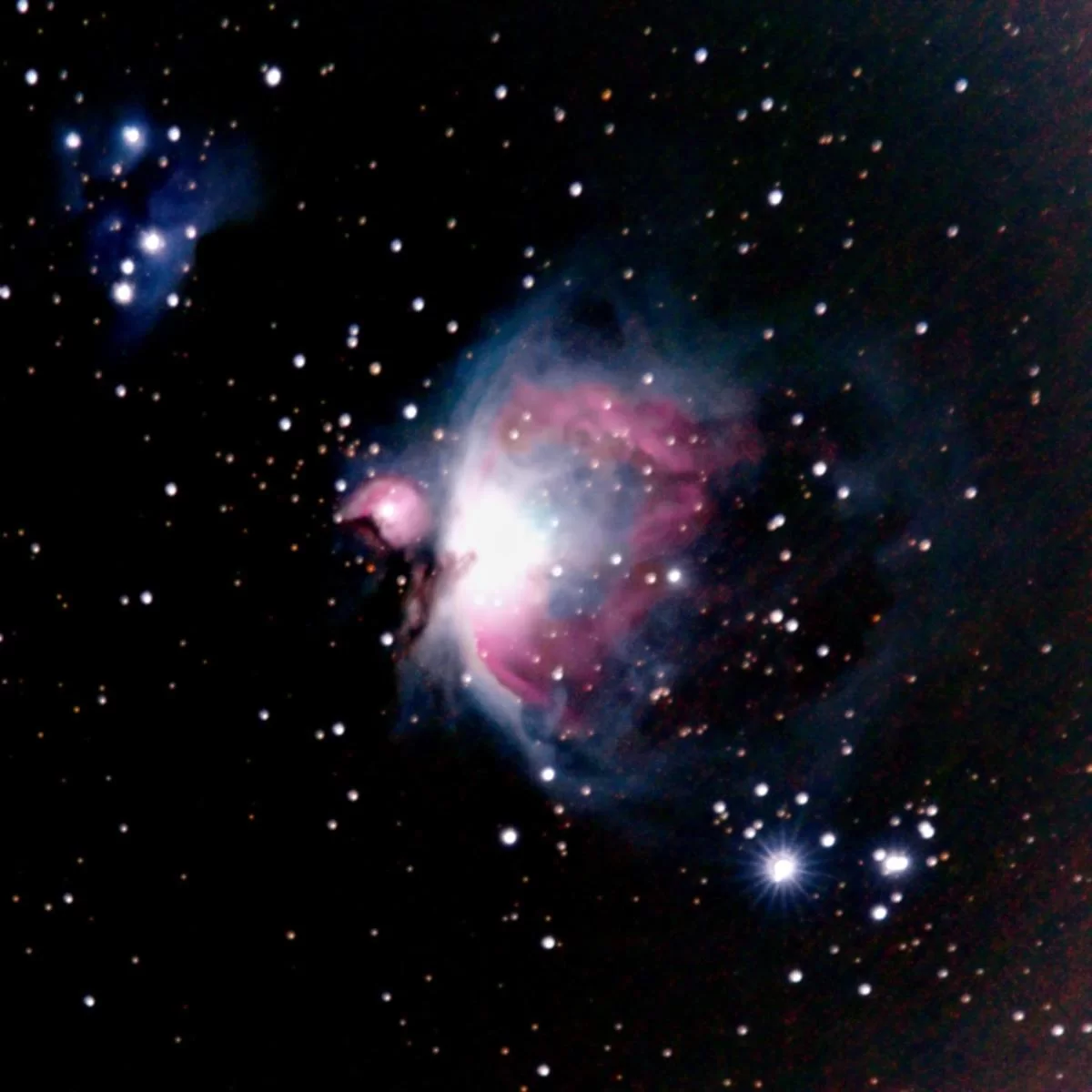 Figure 3a | The Great Orion Nebula (v. 2.0). Photographed on 3/2/2021 from Flanders, NJ, using a Canon EOS RP with a Sigma EX DG OS 70-200mm f/2.8 lens and a 2x Sigma APO Teleconverter at f/8, and ISO 500. The rig was used in full-frame mode for a total raw focal length of 400mm. 188x30s images were integrated within Sequator for a total of 1.6h of data; the output TIFF was then stretched in Adobe Photoshop CC v. 22.1.1 using the Astronomy Tools Action Set (v. 1.6.2 from ProDigital Software). The imaging rig was tracked to sidereal rate on a Sky-Watcher Star Adventurer 2i Pro (unlike Figure 1), allowing much longer exposure times. 