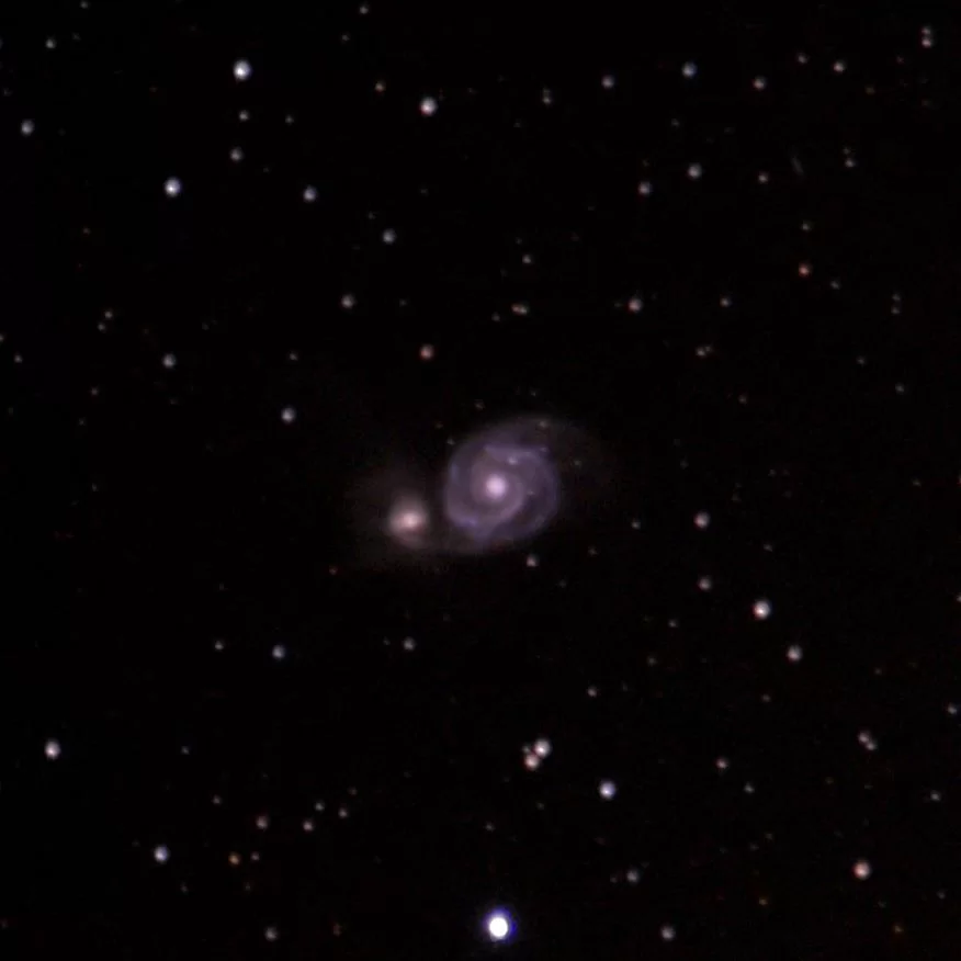 Figure 5 | The Whirlpool Galaxy (M51). Photographed on 4/5/2021 from Middlebury, CT, using a Canon EOS RP with a Sigma EX DG OS 70-200mm f/2.8 lens and a 2x Sigma APO Teleconverter at f/8, and ISO 3200 on a Sky-Watcher Star Adventurer 2i Pro tracking at sidereal rate. The rig was used in full-frame mode for a total raw focal length of 400mm. 109x120s images were integrated within Sequator for a total of 3.6h of data; the output TIFF was then stretched in Adobe Photoshop CC v. 22.1.1 using the Astronomy Tools Action Set (v. 1.6.2 from ProDigital Software) and AstroFlat Pro (v. 1.4.11 from ProDigital Software). 