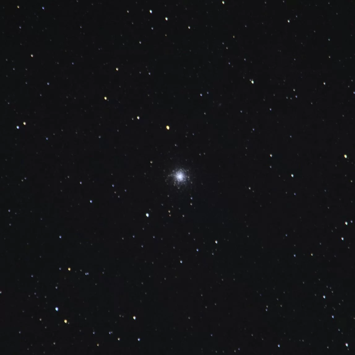 Figure 9 | The Great Cluster in Hercules (M13). Photographed on 6/28/2021 from Flanders, NJ, using a Canon EOS RP with a Sigma EX DG OS 70-200mm f/2.8 lens and a 2x Sigma APO Teleconverter at f/8, and ISO 640 on a Sky-Watcher Star Adventurer 2i Pro tracking at sidereal rate. The rig was used in cropped-sensor mode for a total raw focal length of 640mm. 38x120s images were integrated within Sequator for a total of 76 minutes of data; the output TIFF was then stretched in Adobe Photoshop CC v. 22.1.1 using the Astronomy Tools Action Set (v. 1.6.2 from ProDigital Software) and AstroFlat Pro (v. 1.4.11 from ProDigital Software). 