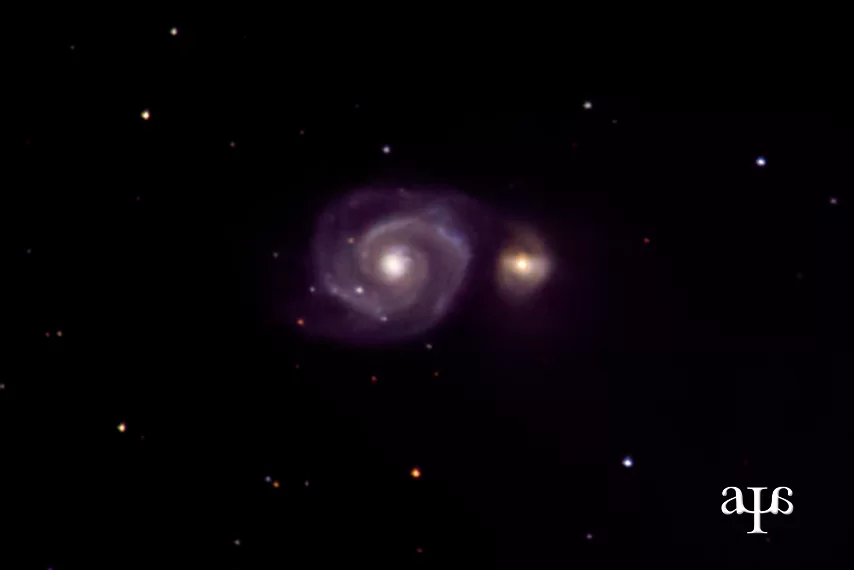 Figure 18 | The Whirlpool Galaxy (M51). Photographed on 6/3/2022 from Denville, NJ, with the help of Albertus Magnus Institute members at Morris Catholic High School using a Canon EOS RP with a Sigma 150-600mm DG OS HSM f/5-6.3 lens at 600mm, f/13, and ISO 1600 on a Sky-Watcher Star Adventurer 2i Pro tracking at sidereal rate. The rig was used in cropped-sensor mode (with a Kase Neutral Night Light Pollution Clip-In Filter) for a total raw focal length of 960mm. 41x90s images were integrated within Sequator for a total of ~1h of data; the output TIFF was then stretched in Adobe Photoshop CC v. 22.1.1 using the Astronomy Tools Action Set (v. 1.6.2 from ProDigital Software) and AstroFlat Pro (v. 1.4.11 from ProDigital Software). The mark in the bottom right is the logo of the Advanced Science Academy, and is a trademark of SynapticPub, LLC. This was the last image Dr. Ciar took with students at Morris Catholic before moving to Holy Cross. A print of the image is hanging in Room #20 and is signed by all the students who helped make it possible. 