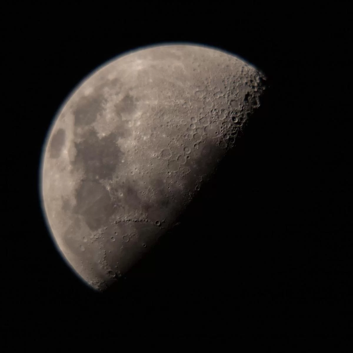 Figure 8 | Quarter Moon. Photographed on 4/20/2021 from Flanders, NJ, using a Canon EOS RP with a 10" Dobsonian telescope through a 25mm Apertura eyepiece. It was a single full-frame exposure for 1/150s on a bare sensor at ISO 100. The raw focal length of the scope was 1250mm. The image was cleaned up in Adobe Lightroom CC. 