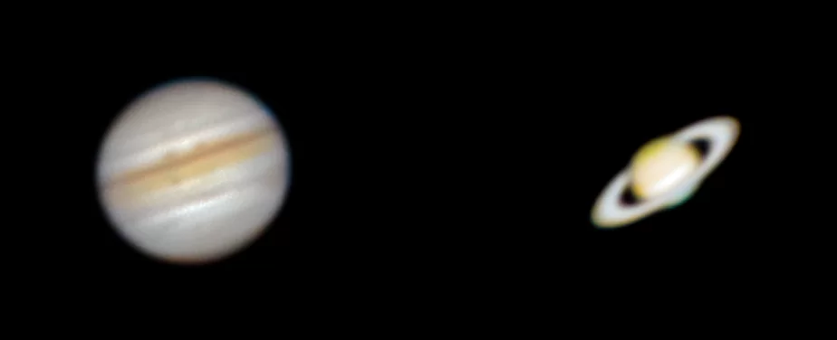 Figure 11 | Jupiter & Saturn. Photographed on 8/19/2021 from Flanders, NJ, using a Canon EOS RP with a 10" Dobsonian telescope through a 2.5x Celestron Luminos 2" Barlow. Multiple crop-sensor exposures (1/60s on a bare sensor at ISO 800) were processed together using PIPP, Autostakkert, and Adobe Photoshop CC v. 22.1.1. The raw focal length of the scope was 1250mm. 