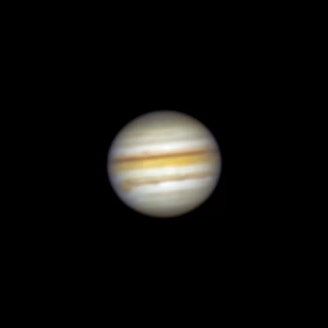 Figure 12 | Jupiter. Photographed on 8/21/2021 from Flanders, NJ, using a Canon EOS RP with a 10" Dobsonian telescope through a 2.5x Celestron Luminos 2" Barlow. Multiple crop-sensor exposures (1/60s on a bare sensor at ISO 800) were processed together using PIPP, Autostakkert, and Adobe Photoshop CC v. 22.1.1. The raw focal length of the scope was 1250mm. 